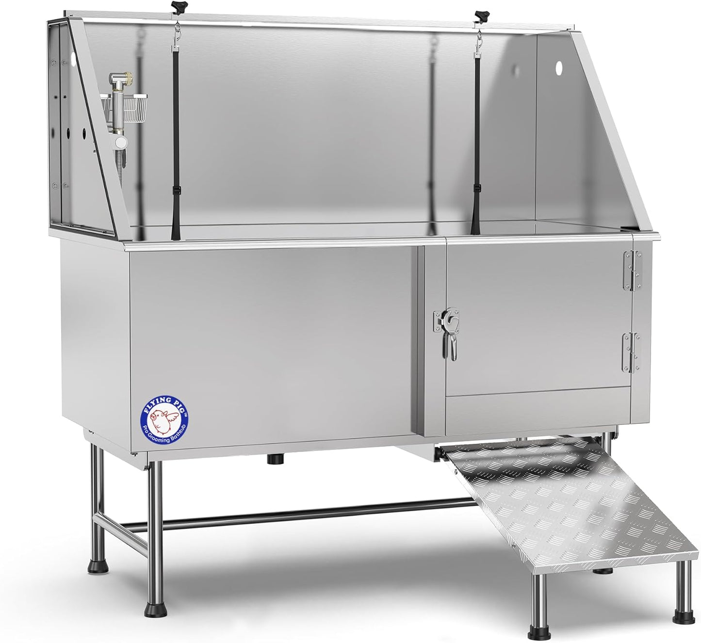 62" Stainless Steel Pet Dog Bath Tub with Faucet (Right Door/Left Drain), 62 X 27 X 58"