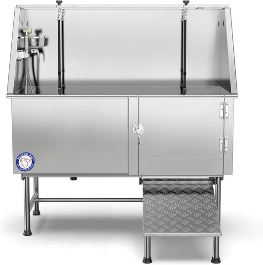 62" Stainless Steel Pet Dog Bath Tub with Faucet (Right Door/Left Drain), 62 X 27 X 58"
