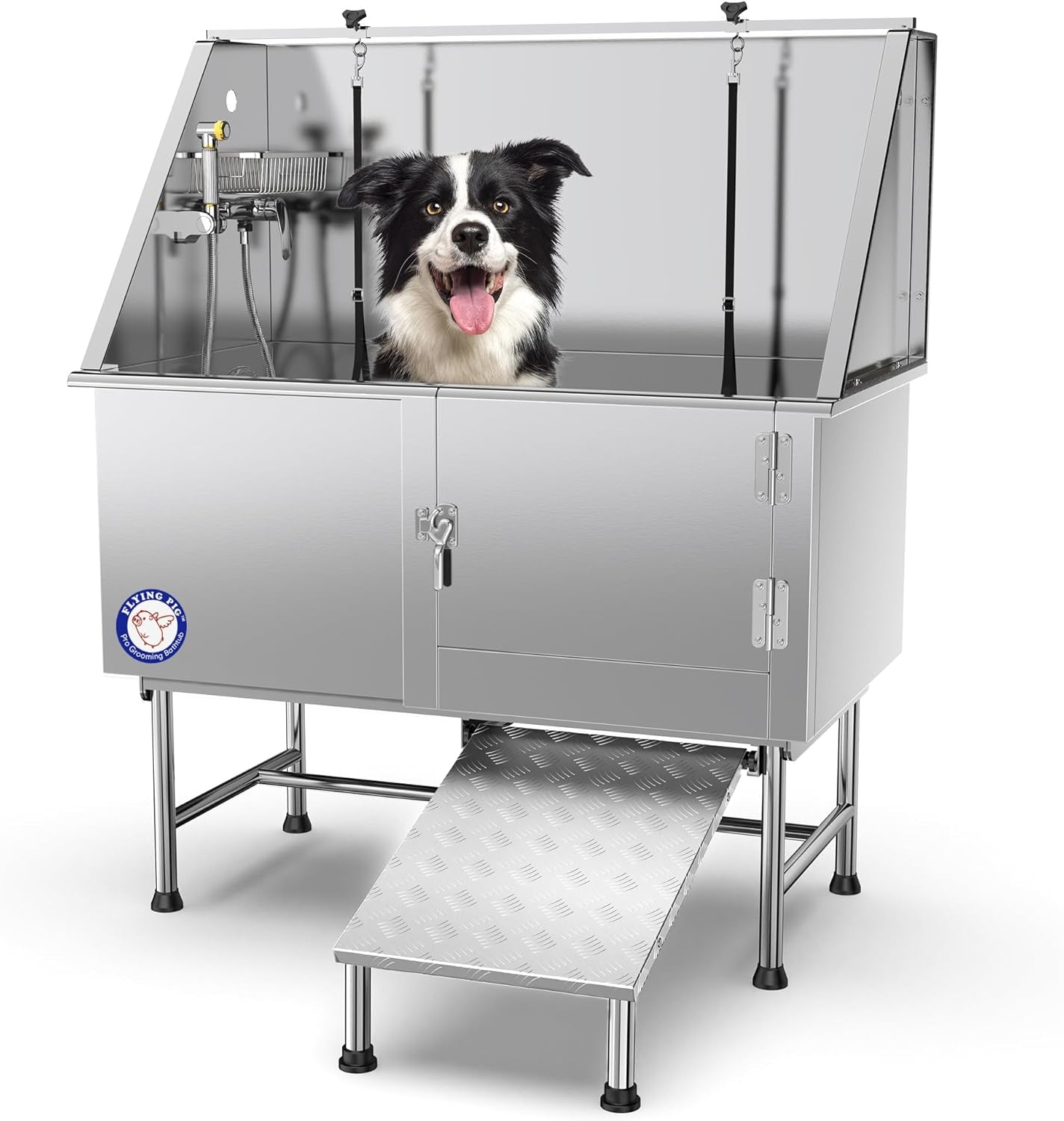 Flying Pig 50" Stainless Steel Pet Dog Grooming Bath Tub with Walk-In Ramp & Accessories (Right Door/Left Drain)