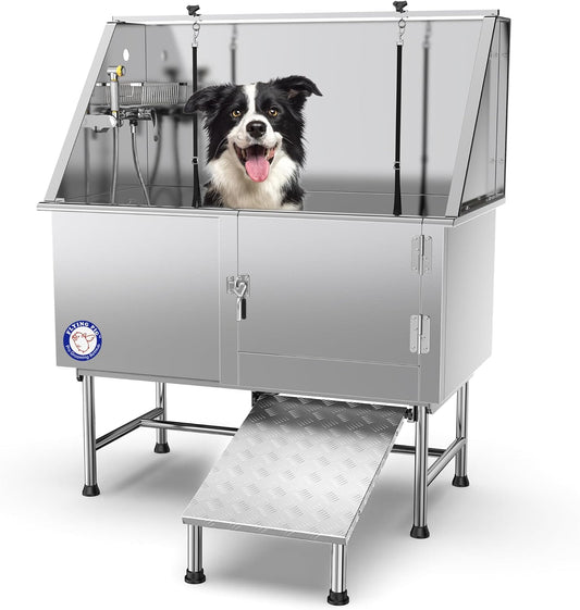 Flying Pig 50" Stainless Steel Pet Dog Grooming Bath Tub with Walk-In Ramp & Accessories (Right Door/Left Drain)